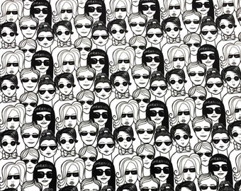 May include: Black and white illustration of a repeating pattern of faces wearing sunglasses. The faces are drawn in a simple, cartoon style.