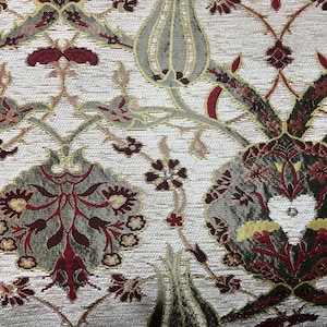 White & Gold Tile Jacquard Chenille Upholstery Fabric by the Yards, Turkish Tile Pattern Fabric, Oriental Style Heavy Jacquard Fabric