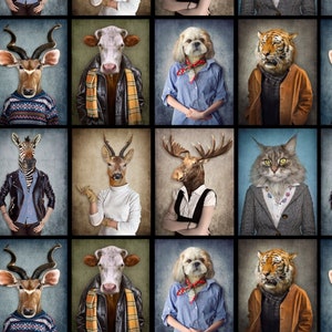 Peut inclure: Un collage de 12 images mettant en scène différents animaux avec des corps humains portant divers vêtements. Chaque animal est placé sur un fond de couleur différent.