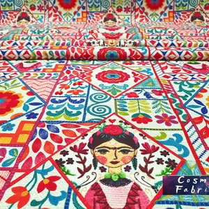 Ethnic Frida Patterned Upholstery Fabric by the Meter, Frida Home Decor Fabric, Indoor Outdoor Fabric, Digital printed Polyester Fabrics