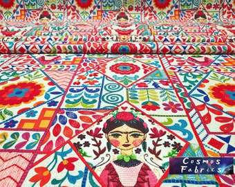 Ethnic Frida Patterned Upholstery Fabric by the Meter, Frida Home Decor Fabric, Indoor Outdoor Fabric, Digital printed Polyester Fabrics