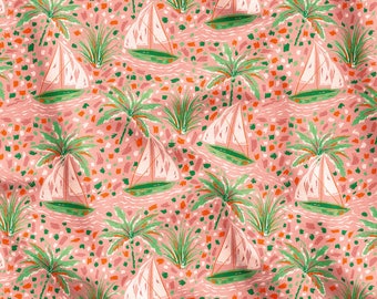 Tela de tapicería por metros con palmeras y velero rosa, tela de jardín para decoración de verano, tela con impresión digital para tapicería de sillas y muebles.