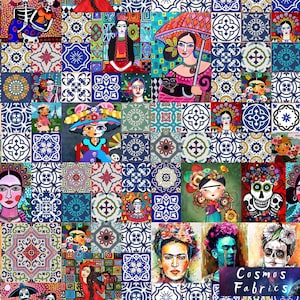 Tile Pattern Frida Fabric by the Yard, Frida Home Decor Fabric, Indoor Outdoor Fabric, Digital printed Polyester Fabrics