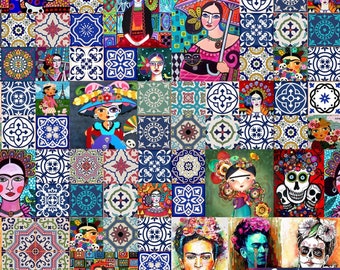 Tile Pattern Frida Fabric by the Yard, Frida Home Decor Fabric, Indoor Outdoor Fabric, Digital printed Polyester Fabrics