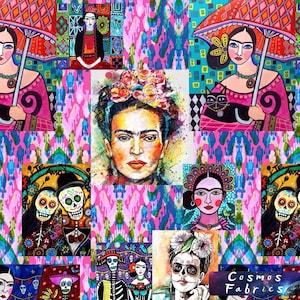 Pink Background Frida Patchwork Print Fabric by the Yard, Frida Home Decor Fabric, Indoor Outdoor Fabric, Digital printed Polyester Fabrics