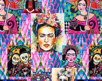 Pink Background Frida Patchwork Print Fabric by the Yard, Frida Home Decor Fabric, Indoor Outdoor Fabric, Digital printed Polyester Fabrics