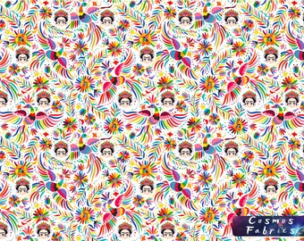 Mexican Frida Pattern Print Fabric by the Yard, Mexican  Otomi Home Decor Fabric, Indoor Outdoor Fabric, Digital printed Polyester Fabrics