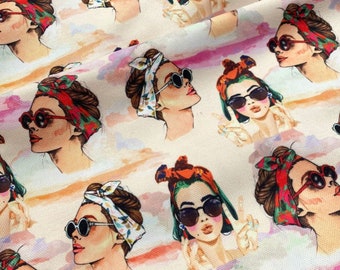 May include: A seamless fabric pattern featuring a repeating design of women with red and white bandanas, sunglasses, and a watercolor background.