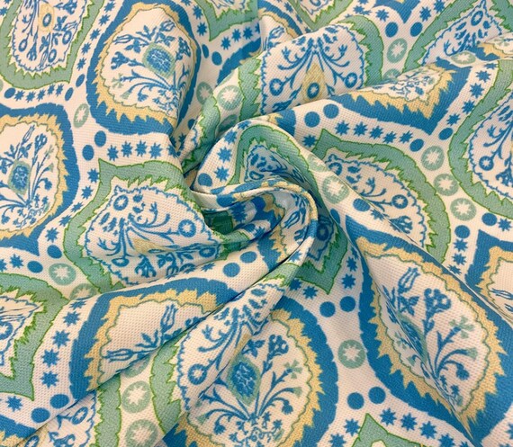 Tessuto da tappezzeria damascato giallo-blu al metro, tessuto