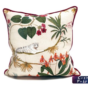 Tiger & Tropical Flowers Pattern Cushion, Burgundy Cord Accessory Tape - Tropical Home Decor, Animal Print- Decorative Cushion - Cover Only