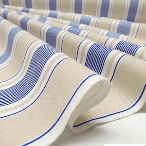 Beige & Blue Striped Upholstery Fabrics by the Meter, Striped Home Decor Fabric, Indoor Outdoor Digital printed Polyester Fabrics