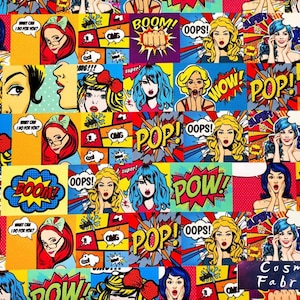 POP ART  Pattern Upholstery Fabric by the Meter, Comic Art Home Decor Fabric, Indoor Outdoor Fabric, Digital printed Polyester Fabric