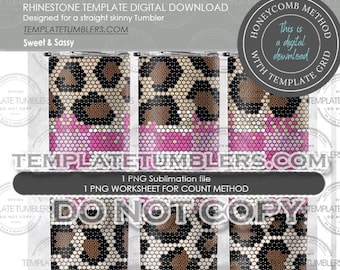 May include: A digital download template for a skinny tumbler featuring a honeycomb grid pattern with a leopard print design. The template includes a pink and white base with brown and black leopard spots. The text "This is a digital download" is visible in the image.