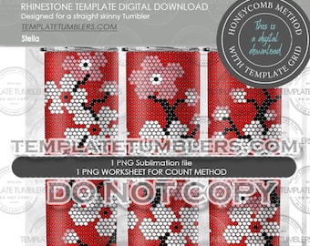 May include: Digital download for a straight skinny tumbler. The design features a red background with a floral pattern in white, black, and red. The text "TEMPLATETUMBLERS.COM" and "DO NOT COPY" are visible.