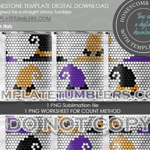 May include: Digital download for a straight skinny tumbler. The design features witch hats in black, orange, and purple. The text on the image includes "RHINESTONE TEMPLATE DIGITAL DOWNLOAD" and "TEMPLATETUMBLERS.COM".