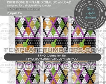 May include: Three digital download templates for skinny tumblers. Each template features a geometric pattern with black, white, orange, green, and purple circles. The text "Pumpkin Trio" is visible at the top of the image.