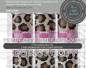 May include: A digital download template for a skinny tumbler featuring a honeycomb grid pattern with a leopard print design. The template includes a pink and white base with brown and black leopard spots. The text "This is a digital download" is visible in the image.