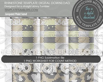 May include: A digital download template for a straight skinny tumbler featuring a leopard plaid pattern in shades of brown, gray, and white. The template is designed for use with the honeycomb method of rhinestone application.