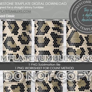 Puede incluir: Descarga digital para un vaso delgado recto. El diseño presenta un estampado de leopardo en negro, beige y marrón claro. El texto "Leopard Classic" y "TEMPLATETUMBLERS.COM" son visibles. Incluye un archivo de sublimación PNG y una hoja de trabajo.