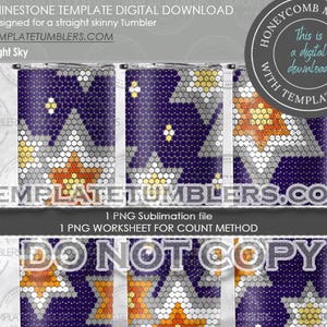 May include: A digital download template for a skinny tumbler featuring a geometric design with a honeycomb grid. The design includes a night sky theme with purple, orange, yellow, white, and gray colors. The template includes a sublimation file and a worksheet for the count method. The text "This is a digital download" and "Honeycomb Method with Template Grid" are included in the image.
