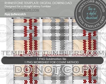 May include: Digital download template for a straight skinny tumbler. The design features a plaid pattern in shades of gray, white, and butterscotch, with red accents. The text on the image includes "RHINESTONE TEMPLATE DIGITAL DOWNLOAD" and "TEMPLATETUMBLERS.COM".