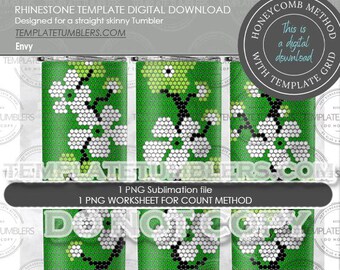 May include: A digital download template for a skinny tumbler featuring a white flower design on a green background. The template is designed for use with the honeycomb method of rhinestone placement.