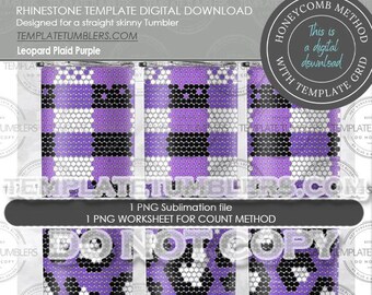 May include: Digital download of a rhinestone template for a straight skinny tumbler. The template features a leopard plaid pattern in purple, black, and white. The text "Leopard Plaid Purple" is included in the image.
