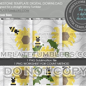 Pode incluir: Um modelo de download digital para um design de girassol e abelha. O modelo é projetado para um copo fino e reto e utiliza o método de favo de mel. O modelo inclui um arquivo de sublimação PNG e uma planilha PNG para o método de contagem. O texto "NÃO COPIAR" é visível na imagem.