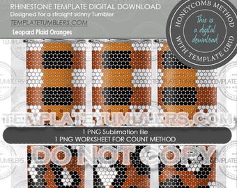 May include: Digital download template for a skinny tumbler featuring a leopard plaid pattern in orange, black, and white. The template is designed for use with the honeycomb method of rhinestone application.
