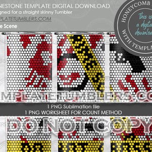 Pode incluir: Um modelo de download digital para um design de strass em um copo fino. O design apresenta um padrão de favo de mel com círculos vermelhos, amarelos e pretos. O modelo inclui uma folha de trabalho para contar as pedras.