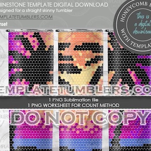 Puede incluir: Una plantilla de descarga digital para un vaso delgado con un patrón de cuadrícula de panal y un esquema de color de puesta de sol. La plantilla está diseñada para usar con diamantes de imitación e incluye una hoja de trabajo para contar las piedras.