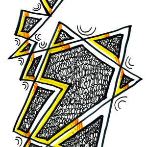 Puede incluir: Obra de arte geométrica abstracta con acentos negros, amarillos y naranjas. La obra presenta formas interconectadas, incluyendo triángulos y una forma central en forma de estrella llena de garabatos intrincados. La firma del artista, "@BiccaBee '25", es visible.