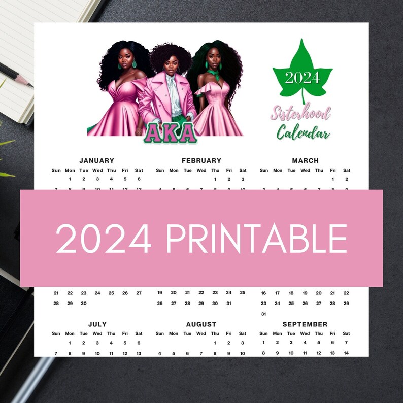 2024 AKA Inspired Year at a Glance PRINTABLE Calendar INSTANT Digital