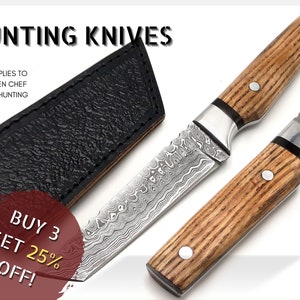 Handmade Damascus Steel Hunting Knife: Oak Wood Handle, Leather Sheath