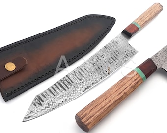 Damaststahl Kochmesser, Küchenmesser, Vatertagsgeschenk, Handgefertigtes Messer, Handgeschmiedetes Messer, Weihnachtsgeschenk, Kochgeschenk, Lederscheide