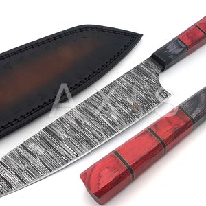 Damascus Steel Chef Knife, Kitchen Knife, Fathers Day Gift, Handmade Knife, Hand Forged Knife, Christmas Gift, Chef Gift, Leather Sheath