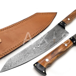 Damascus Steel Chef Knife, Kitchen Knife, Fathers Day Gift, Handmade Knife, Hand Forged Knife, Christmas Gift, Chef Gift, Leather Sheath