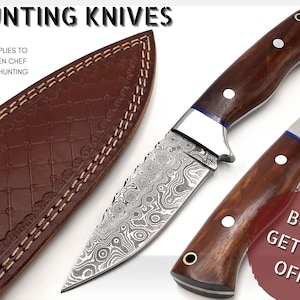 Handmade Damascus Steel Hunting Knife: Rosewood Handle, Leather Sheath