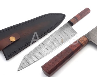 Damaststahl Kochmesser, Küchenmesser, Vatertagsgeschenk, Handgefertigtes Messer, Handgeschmiedetes Messer, Weihnachtsgeschenk, Kochgeschenk, Lederscheide
