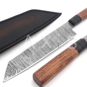 Handmade Damascus Steel Chef Knife: Mahogany Handle, Leather Sheath