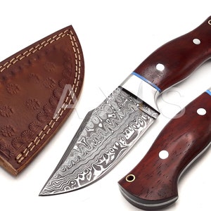 Handmade Damascus Steel Hunting Knife: Raindrop Pattern, Padauk Wood Handle, Leather Sheath
