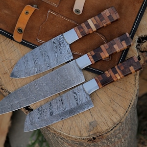Damascus Steel Chef Knife Set | Handmade Kitchen Knives Set | Hand Forged Knife | Leather Roll | Anniversary Gift