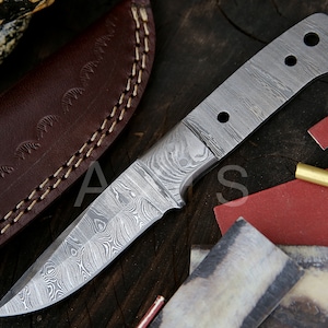 Blank Blade, Damascus Steel, Bolster and Kit, Leather Sheath, Handmade, Hand forged Knife, Christmas Gift, Anniversary Gift, Hunting Knife