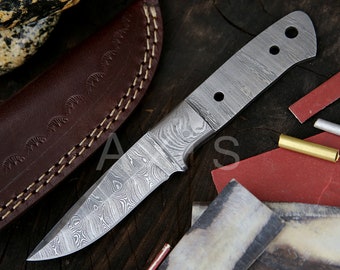 Handmade Damascus Steel Knife Blank Blade Kit: Leather Sheath & Bolster
