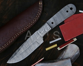 Damascus Steel DIY Knife Kit: Blank Blade, Leather Sheath