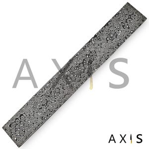 May include: A long, rectangular knife blade with a unique, swirling pattern in shades of black and gray. The blade is angled across the frame, with the word "AXIS" in black letters at the bottom.