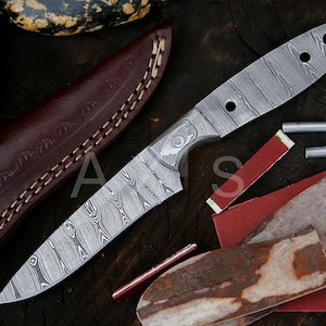 Blank Blade, Damascus Steel, Bolster and Kit, Leather Sheath, Handmade, Hand forged Knife, Christmas Gift, Anniversary & Chef Gift