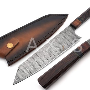 Damascus Steel Chef Knife, Kitchen Knife, Fathers Day Gift, Handmade Knife, Hand Forged Knife, Christmas Gift, Chef Gift, Leather Sheath