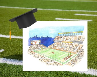 University of Texas Stadium Print, UT Longhorns Football Art, Longhorns Stadium Watercolor Art Print, Texas Longhorns DKR Stadium Watercolor