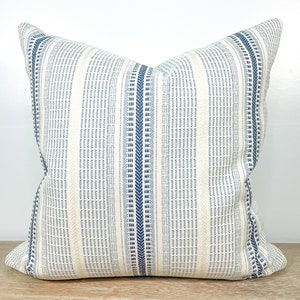 Blue and White Striped Summer Outdoor Throw Pillow Cover | Sustainable, High Quality Fabric, Made in USA | Summer Outdoor Home Decor